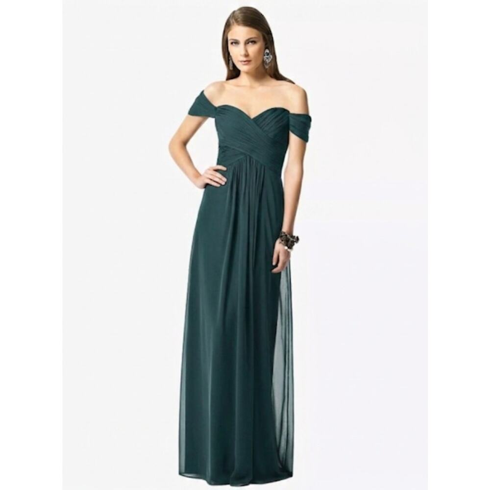 NWT Thread Dessy Collection Alesia Off The Shoulder Chiffon Maxi Dress Evergreen